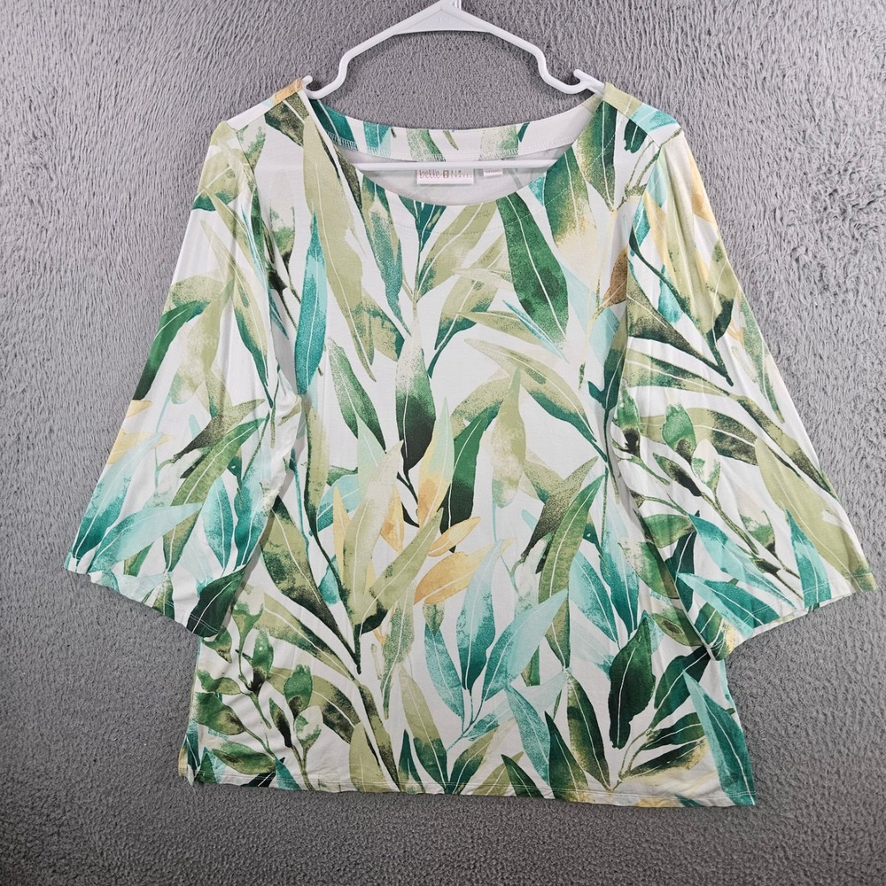 Belle by Kim Gravel Womens Green Leaf Print 3/4 Sleeve Knit Top Medium